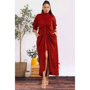 NEW KAREN T DESIGN button down stripe midi dress in red/black